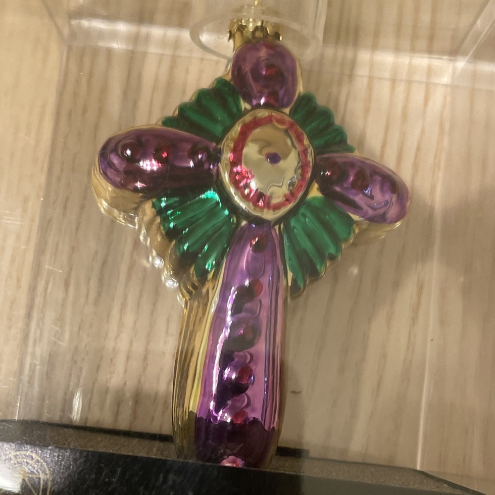 GKI / Bethlehem Glass Ornament Cross Purple / Green / Gold Christmas Holiday